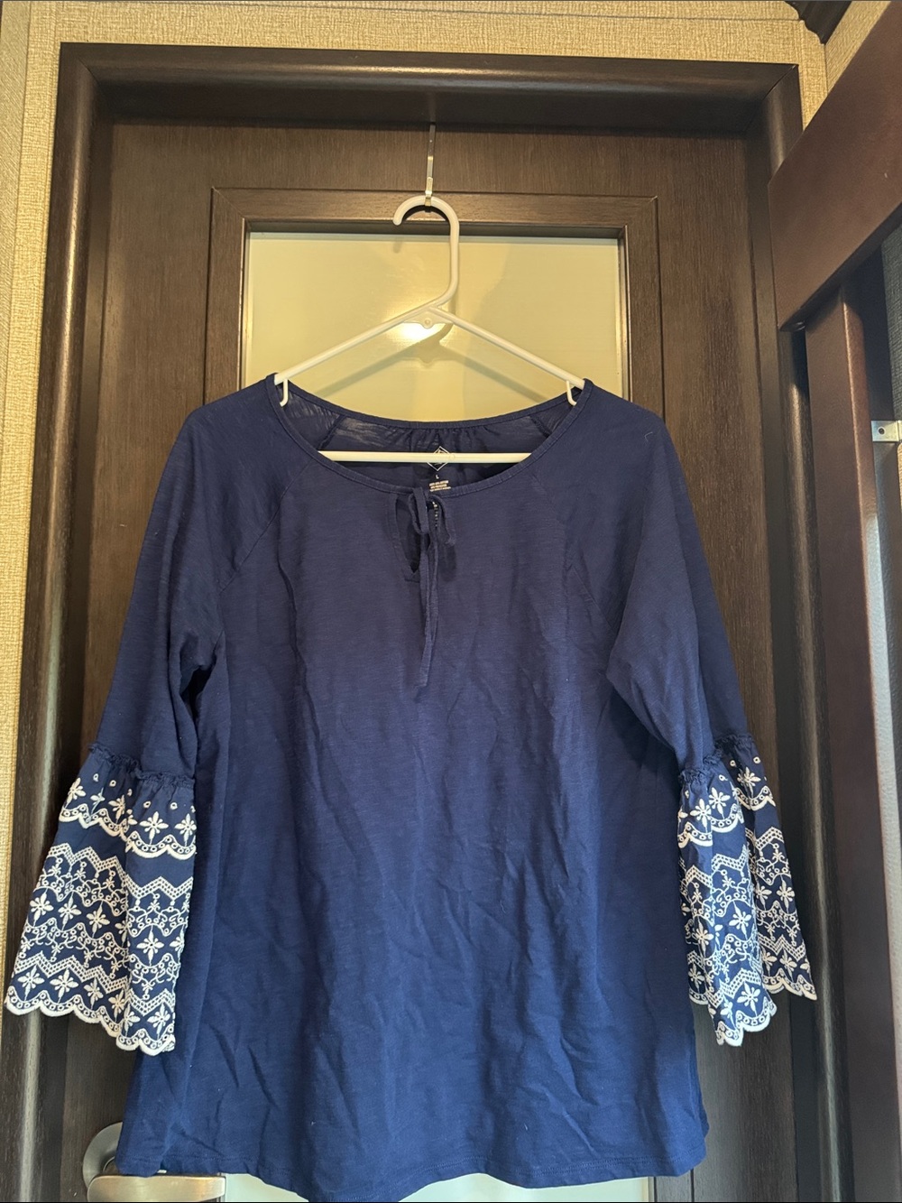 St. John’s Bay Navy Blue Embroidered Ruffle Sleeve Top Size L